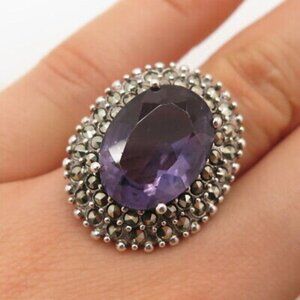 925 Sterling Silver Vintage Real Amethyst & Marcasite Gemstone Ring Size 8